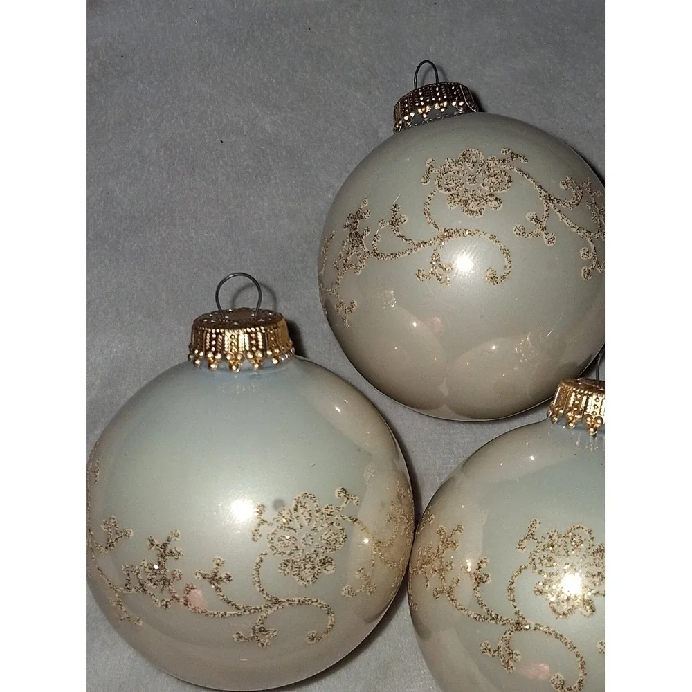 Vintage Krebs Glass Christmas Ornaments Set of 3 Ivory Rose Floral Gold